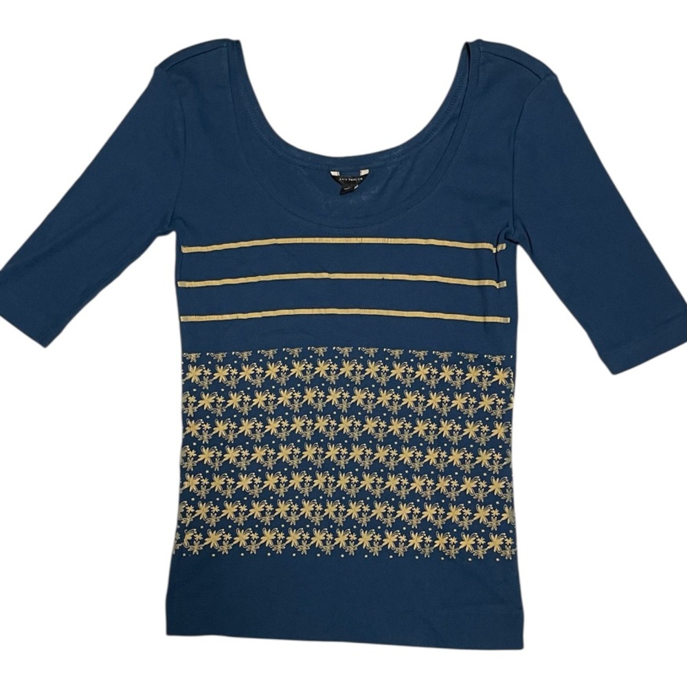 ANN TAYLOR PULLOVER TOP WOMEN BLUE/GOLD COLOR LINES & FLOWERS PATTERN SIZE M **